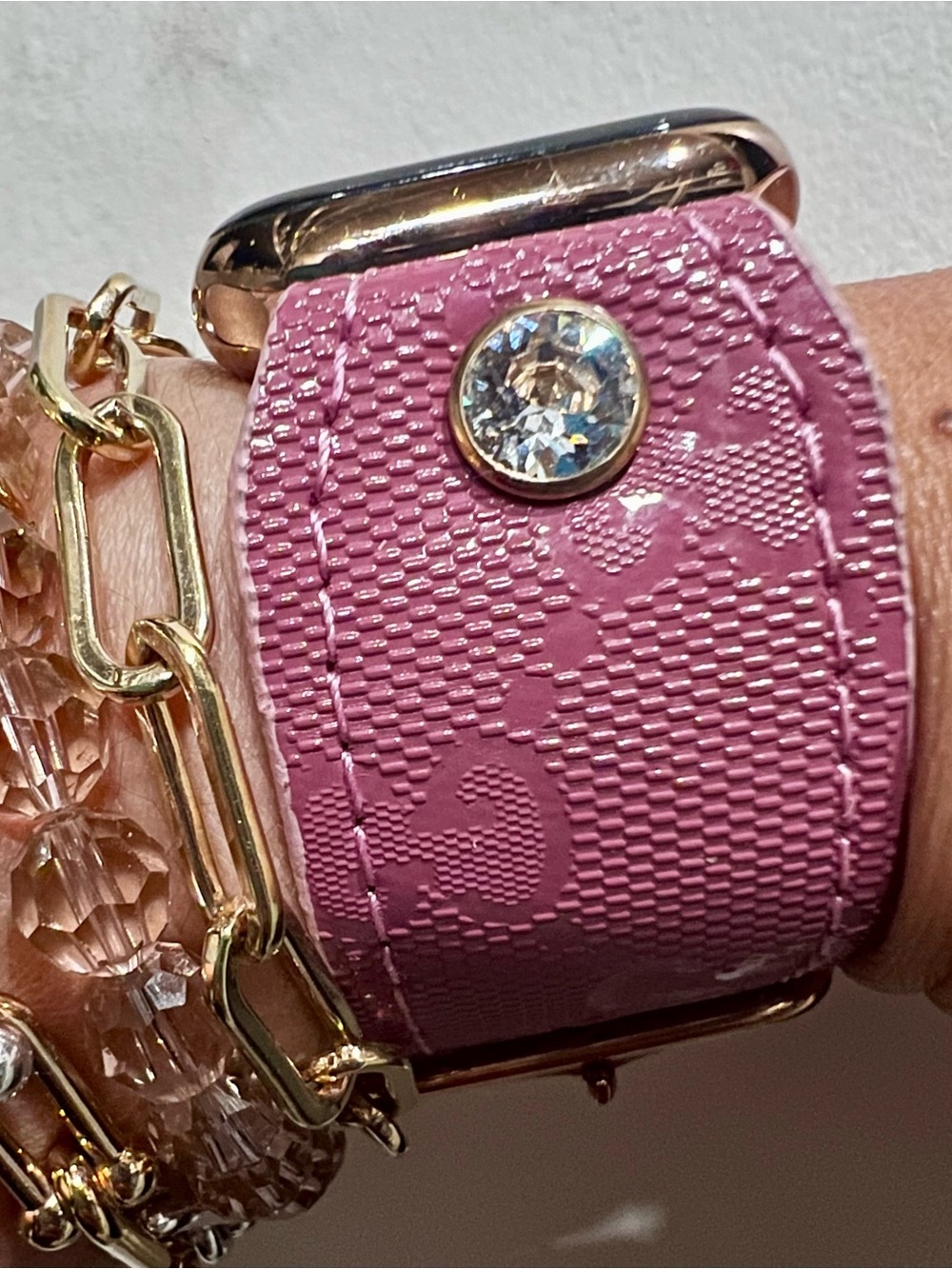 Spark*l band Pink Orchid Gucci Imprime  Watch Strap with Clear Crystal Accent
